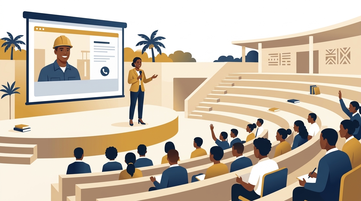 Illustration : forum en amphithéâtre, une intervenante sur scène et un professionnel de la diaspora en visioconférence