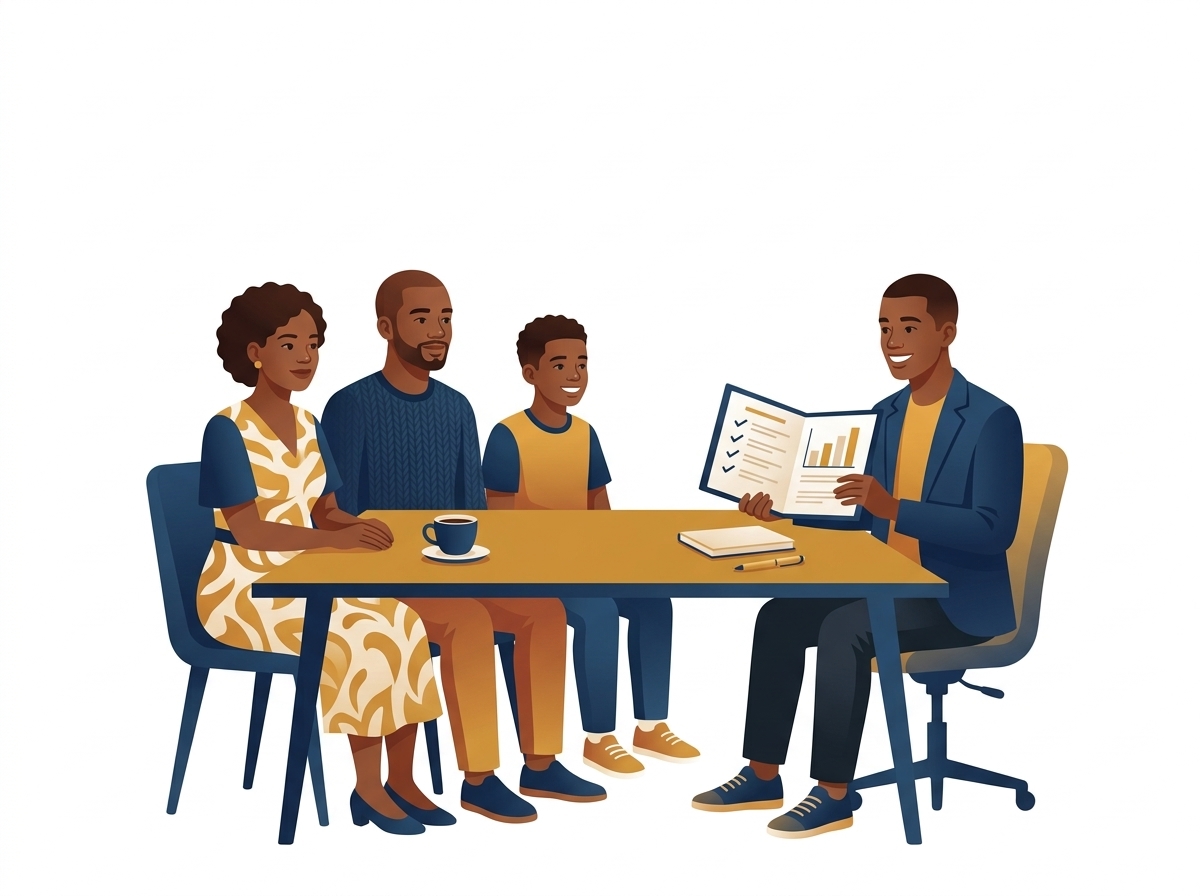 Illustration : une famille reçue par un conseiller SupAvenir